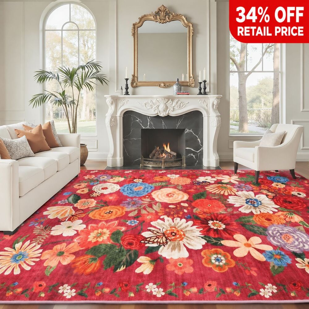 Brand New Garvee Red Garden Floral Area Rug – 9' × 12'